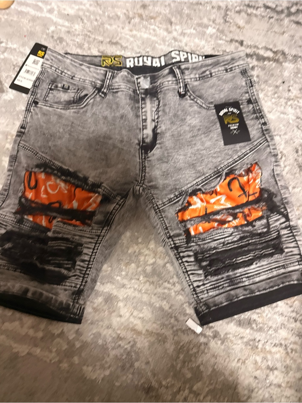 Men's Gray Distressed Denim Shorts with Orange Accents